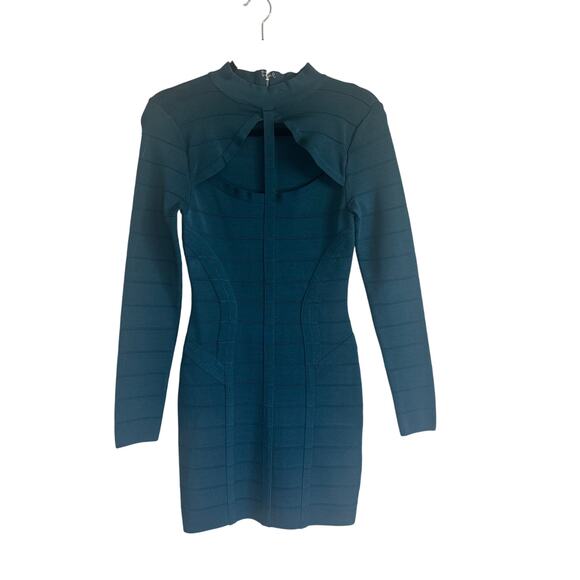 Bebe Women's Bandage Bodycon Dress Medium Long Sleeve Cutout Mini Teal Blue - Picture 3 of 16